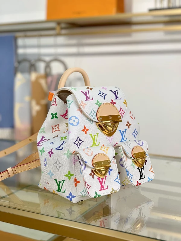 精品高仿 LV 村上隆 Venice 白三彩 雙肩後背包 M13081 實拍照片側面