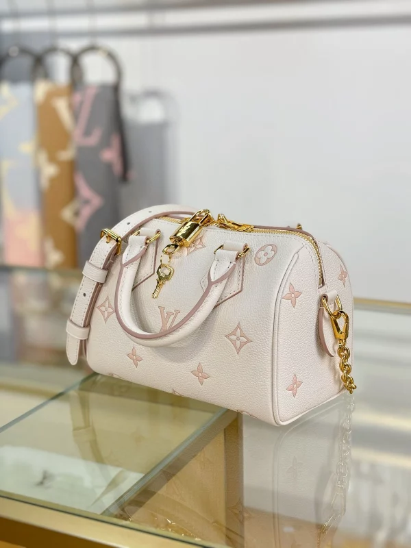 高仿精品 LV Speedy20 草莓牛奶提花 單肩手提 旅行包 M14291 實拍照片側面