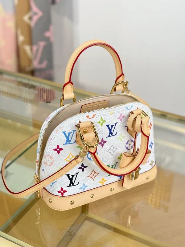 高仿精品 LV 村上隆 Alma BB 白三彩 斜背手提 貝殼包 M13078 實拍照片側面