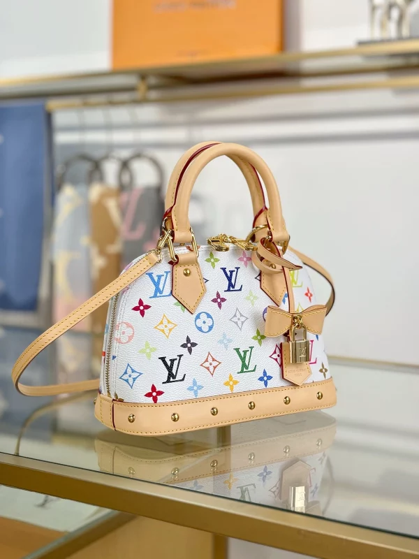 高仿精品 LV 村上隆 Alma BB 白三彩 斜背手提 貝殼包 M13078 實拍照片側面