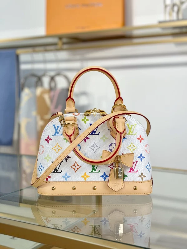 高仿精品 LV 村上隆 Alma BB 白三彩 斜背手提 貝殼包 M13078 實拍照片正面