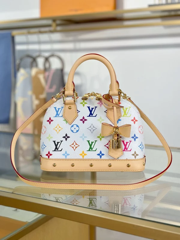 高仿精品 LV 村上隆 Alma BB 白三彩 斜背手提 貝殼包 M13078 實拍照片正面