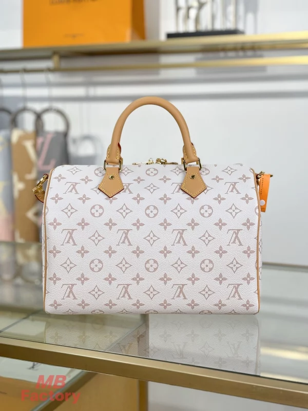 高仿精品 LV Speedy30 白花沙丘色 粉紅色 單肩 斜背 旅行包 M15108 實拍照片背面
