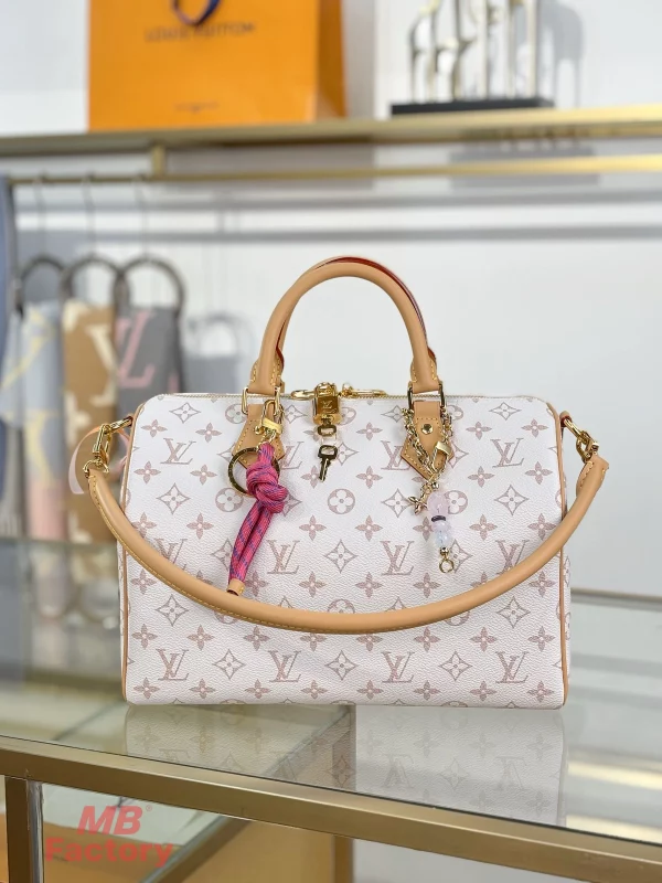 高仿精品 LV Speedy30 白花沙丘色 粉紅色 單肩 斜背 旅行包 M15108 實拍照片正面
